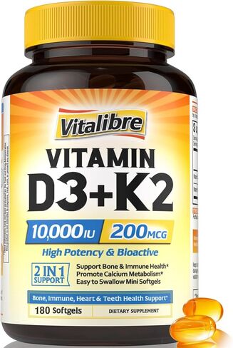 مكمل Vitalibre Vitamin D3 K2، 10000 IU D3 / 200 ميكروجرام K2 MK7، امتصاص الكالسيوم، دعم العظام والقلب والمناعة والمزاج، امتصاص معزز، بدون فول الصويا، سهل البلع، 90 كبسولة هلامية in Kuwait