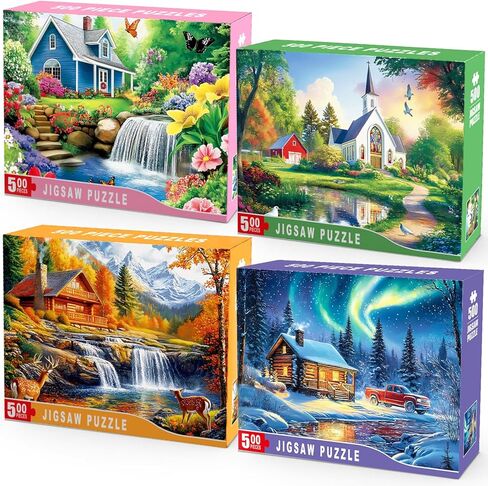 4 Packs 500 Piece Puzzles for Adults – 4 Seasonal Landscape Puzzle Set Scenic House & Nature Jigsaw Puzzle, Colorful Adult Jigsaw Puzzles for Stress Relief, Family Fun, Mindfulness & Gifts in Saudi Arabia