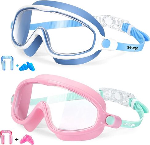 Seago Kids Goggles for Swimming 2 Pack Anti-Fog No Leaking Outer Eye Fit with Wide View UV Protection Crystal Clear Watertight Swim Goggles with nose cover Suitable for Youth Boys Girls Age 3 to 14 in Saudi Arabia