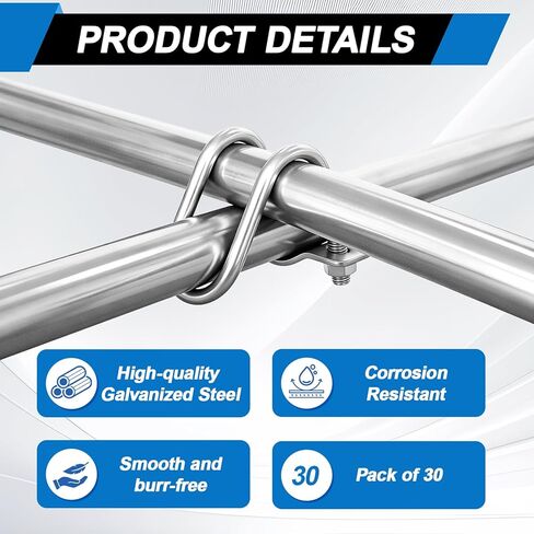 30 Pack Cross Pipe Clamp for 3/4 EMT Conduit, U-shaped Screw Bolt Crossover Clamps, Galvanized Vertical Pipe Clip Connector for Greenhouse, Hoop House, Canopy, Farm, Fence in Saudi Arabia