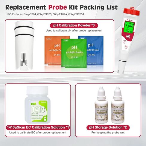 مسبار الأس الهيدروجيني البديل لجهاز GIDIGI يعرض في الوقت نفسه مقياس الأس الهيدروجيني، وقطب الأس الهيدروجيني مع محلول معايرة EC 1413μS/cm ومحلول تخزين الأس الهيدروجيني لـ GX-T4، GX-T5 in Kuwait