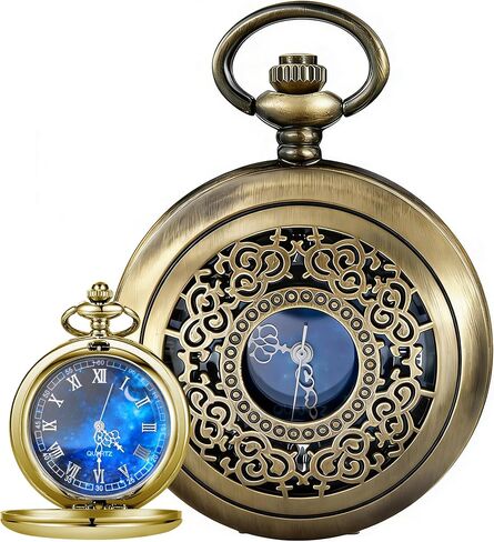 Tiong Pocket Watch Hollow Blue Star Design Roman Numerals Quartz with Chain Christmas Birthday Gifts in Saudi Arabia