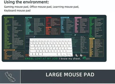 Excel Shortcut Keys Mouse Pad, Extended Large Spreadsheet Keyboard Mat, Non-Slip Stitched Edge SBD06 in Saudi Arabia