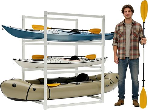 KAXIWEI DIY Freestanding Kayak Storage Rack PVC Stand Adjustable 3-Tier Design for Kayaks Canoes Paddle Boards Indoor Outdoor Use, Waterproof Corrosion Resistant Lightweight Garage Dock Mount in Saudi Arabia