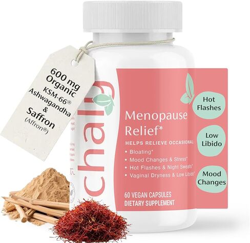 Chaly Menopause Supplements for Women with Ashwagandha KSM 66 and Saffron | Hot Flash, Bloating, Libido, Vaginal Dryness, Stress, and Mood Support Supplement | Menopause Relief Supplements | 60 Count in Kuwait