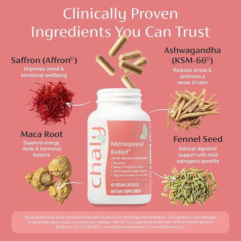 Chaly Menopause Supplements for Women with Ashwagandha KSM 66 and Saffron | Hot Flash, Bloating, Libido, Vaginal Dryness, Stress, and Mood Support Supplement | Menopause Relief Supplements | 60 Count in Kuwait
