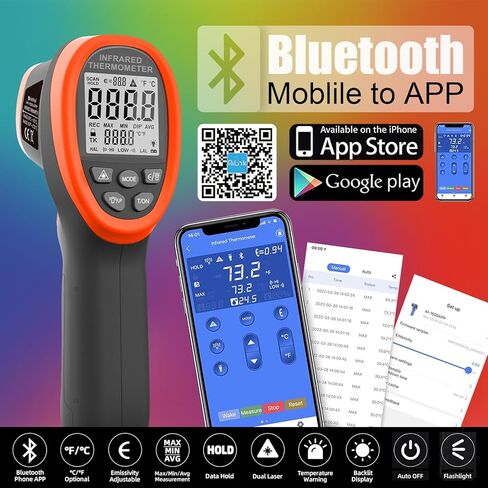 HOLDPEAK مقياس حرارة بالأشعة تحت الحمراء غير متصل مع التطبيق، مسدس درجة حرارة ليزر عالي الحرارة (-58 درجة فهرنهايت ~ 2732 درجة فهرنهايت)، D: S = 30: 1، الحد الأقصى/الدقيقة/AVG/DIF، إنذار درجة الحرارة العالية/المنخفضة، إضاءة خلفية للاستخدام الصناعي والمنزل in Kuwait