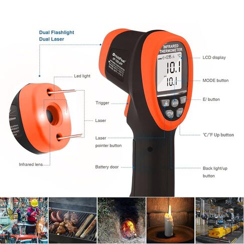 HOLDPEAK مقياس حرارة بالأشعة تحت الحمراء غير متصل مع التطبيق، مسدس درجة حرارة ليزر عالي الحرارة (-58 درجة فهرنهايت ~ 2732 درجة فهرنهايت)، D: S = 30: 1، الحد الأقصى/الدقيقة/AVG/DIF، إنذار درجة الحرارة العالية/المنخفضة، إضاءة خلفية للاستخدام الصناعي والمنزل in Kuwait