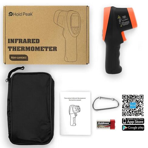 HOLDPEAK مقياس حرارة بالأشعة تحت الحمراء غير متصل مع التطبيق، مسدس درجة حرارة ليزر عالي الحرارة (-58 درجة فهرنهايت ~ 2732 درجة فهرنهايت)، D: S = 30: 1، الحد الأقصى/الدقيقة/AVG/DIF، إنذار درجة الحرارة العالية/المنخفضة، إضاءة خلفية للاستخدام الصناعي والمنزل in Kuwait