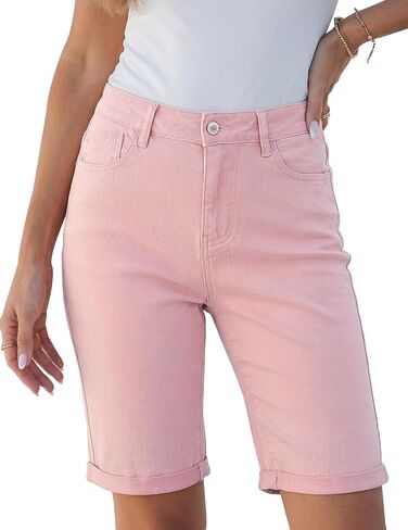 luvamia Bermuda Jean Shorts for Women Knee Length High Waisted Trendy Cuffed Hem Long Stretchy Denim Shorts Summer Jorts in Saudi Arabia