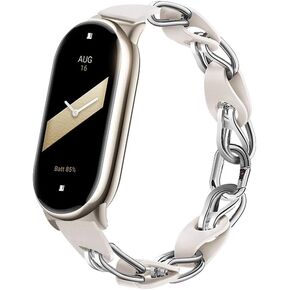 حزام Pinhen المقاوم للصدأ من الفولاذ المقاوم للصدأ متوافق مع Xiaomi Mi Band 8/9/10 ، سوار جلدي سلسلة حلقة حزام أنيقة الاستبدال Wirstand ل Xiaomi Mi Band 10/9/8 in Kuwait