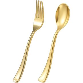 Goodluck 100 PCS Gold Plastic Silverware, Heavy Duty Plastic Cutlery Includes 50 Forks and 50 Spoons, Elegant Disposable Utensils, Durable Flatware for Parties, Weddings Catering and Dinners in Saudi Arabia