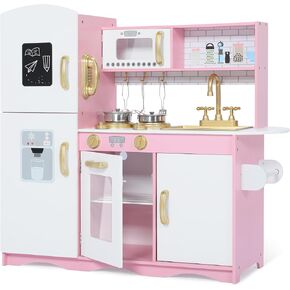 Kinder King Wooden Kids Play Kitchen, Toy Kitchen Playset for Toddler, Pretend Oven, Microwave, Telephone, Chalkboard, Interactive Doors, Knobs, Realistic Kitchen Sets for Boys Girls Age 3+, Pink in Kuwait