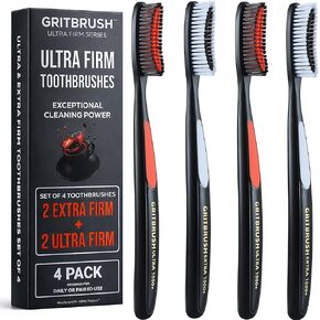 GRITBRUSH Firm Toothbrushes for Adults Hard & Extra Hard Bristles, Dual Stiffness Manual Toothbrush Set, Deep Cleaning, 4 Pack in Saudi Arabia