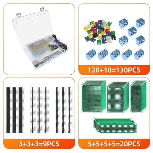 طقم لوحة PCB مزدوجة الجوانب 365 قطعة 4 أحجام، لوحات نموذجية لدوائر PCB لمجموعات Arduino، مشروع إلكتروني، نماذج أولية للدوائر، لحام DIY، موصل رأس 40 دبوس ذكر وأنثى 2.54 مم in Kuwait