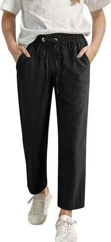 Linen Pants Girls Casual High Waisted Drawstring Straight Leg Lounge Trouser with Pockets Spring Summer Beach Clothes in Saudi Arabia