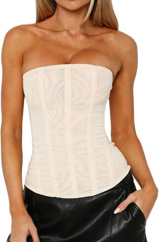 Luckinbaby Women Y2k Strapless Bustier Corset Back Zip Mesh Boned Bodyshaper Tube Top Sexy Going Out Bustier Tops in Saudi Arabia