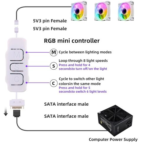 وحدة تحكم MINI ARGB ، وحدة تحكم 3-RGB 5V ، وضع الضوء المدمج ، وحدة تحكم RGB Power RGB SATA للوحة الضوء ، الشريط الفاتح ، مروحة الكمبيوتر ، المبرد المبرد بالماء/الهواء (أسود) in Kuwait