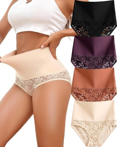 Shapewear for Women Tummy Control High Waisted Panties Sexy Lace Breathable Plus Size Briefs 4-Pack in Saudi Arabia