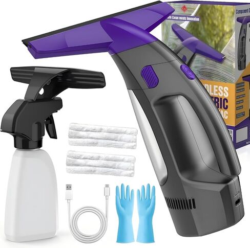 Window Vacuum Squeegee Cordless, 2000Pa Electric Window Cleaner with Power Blade, Vacuum Squeegee for Window Cleaning, Streak-Free Window Vacuum with 360ml Spray Bottle for Windows, Mirrors, Tiles in Kuwait