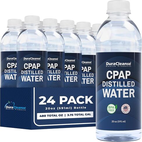Dura Cleanse الماء المقطر لآلات CPAP 6 عبوات (20 أونصة لكل منها) زجاجات بحجم السفر لآلات Resmed، Respironics، مرطب شخصي - صنع في الولايات المتحدة الأمريكية، خالي من BPA، نظيف، متعدد الاستخدام، مناسب للسفر in Kuwait