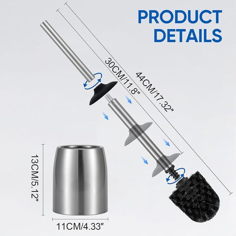 SUS304 Stainless Steel Toilet Brush and Holder Set Stain Nickle 12In Handle BristlesToilet Bowl Brush Cepillo para Baños Bathroom Brushes Cleaning Brush with Case Anti-Rust Brushed Silver in Saudi Arabia