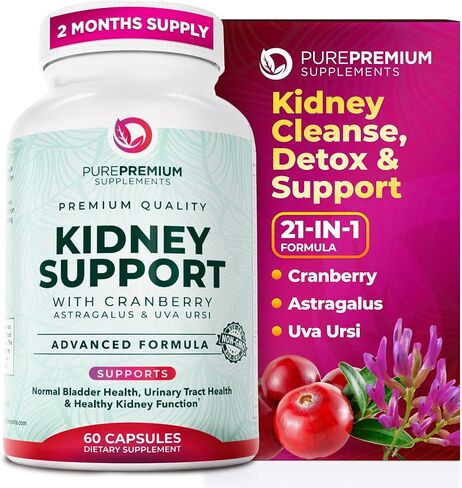 PurePremium Kidney Support Supplement – Kidney Cleanse Detox & Repair with Cranberry Extract & Astragalus - 21-in-1 Complex Supports Normal Bladder, Urinary Tract & Kidneys Health - 60 Day Supply in Saudi Arabia