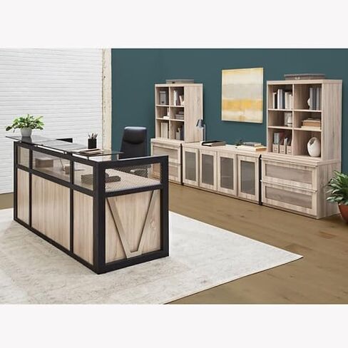 NBF مكتب استقبال حديث مع عداد - 87 بوصة عرض × 30 بوصة عمق طاولة الخروج للبيع بالتجزئة - طاولة استقبال لمكتب الاستقبال مع فتحتين جروميت - مكتب ترحيب على سطح الطاولة لمتجر صالون اللوبي المكتبي، رمادي in Saudi Arabia