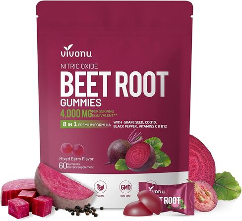VivoNu Beet Root Gummies 8 في 1 مكمل طاقة ممتاز مع CoQ10 ومستخلص الشمندر ومستخلص بذور العنب ومستخلص الفلفل الأسود وفيتامينات C وB12 وL-أرجينين وL-سيترولين in Kuwait