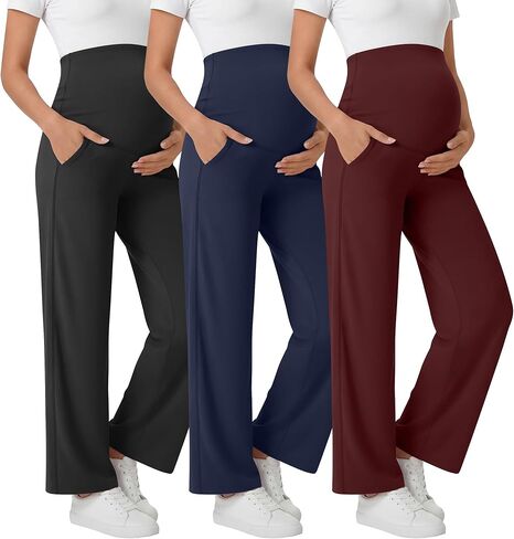 3 Pack Women's Maternity Yoga Pants Lightweight Over The Belly Pregnancy Pants Wide Leg Stretchy Lounge Trousers in Saudi Arabia