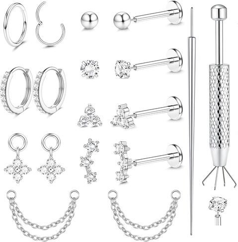 20G 18G 16G Threadless Flat Back Earrings Stud -Hypoallergenic Surgical Steel Push in Nose Studs Cartilage Hoop Earring Set 14K Gold Plated Tragus Helix Conch Lip Labret Medusa Piercing Jewelry in Saudi Arabia