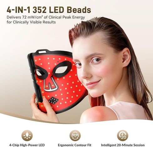 HSA FSA Gracekey Red Light Therapy for Face, 4-in-1 Colors LED Facial Light Therapy Mask, Dual 2000mAh Rechargeable Light Therapy with Timer for Home Use in Saudi Arabia