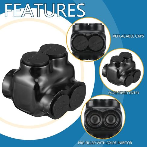 Copkim 5 Pcs Black Insulated Cable Connector Multi Wire Splice Connectors 2 Port Dual Entry with Oxide Inhibitor Electric Connector Rubber PVC Coating 6061 Aluminum CU9AL (250-6 AWG 5/16 Allen Hex) in Saudi Arabia