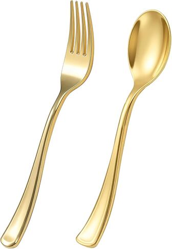 Goodluck 100 PCS Gold Plastic Silverware, Heavy Duty Plastic Cutlery Includes 50 Forks and 50 Spoons, Elegant Disposable Utensils, Durable Flatware for Parties, Weddings Catering and Dinners in Saudi Arabia