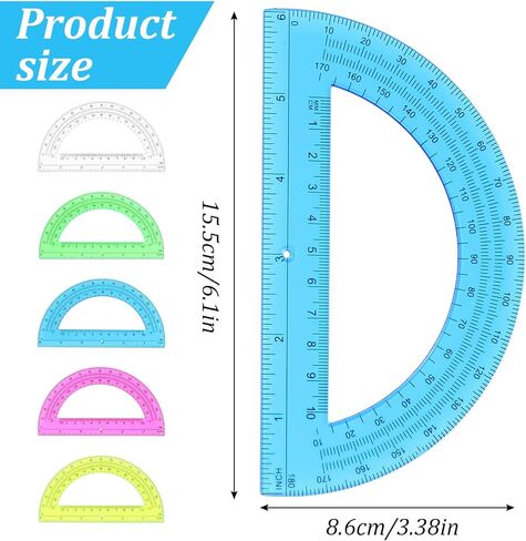 100 Pieces Protractors Bulk Plastic 180 Degrees 6 Inch Translucent Protractors for Geometry, Angle Measurement, 5 Colors in Saudi Arabia