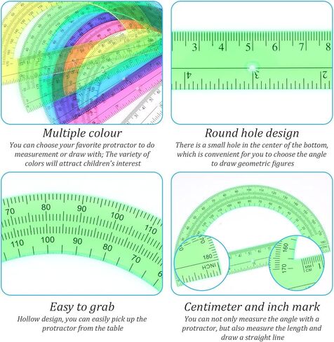 100 Pieces Protractors Bulk Plastic 180 Degrees 6 Inch Translucent Protractors for Geometry, Angle Measurement, 5 Colors in Saudi Arabia