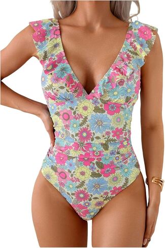 WDIRARA Women's One Piece Swimsuit Floral Ruffle Tummy Control Bathing Suit V Neck Tie Back Swimwear in Saudi Arabia