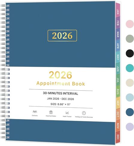 2026 Appointment Book, 30 Minutes-Hourly, Weekly ＆ Monthly Calendar Planner 2026, Jan 2026 - Dec 2026, 8.5'' x 11'', 2026 Daily Planner with Tabs ＆Pocket, Flexible Cover, Great for Office, Home, School in Saudi Arabia