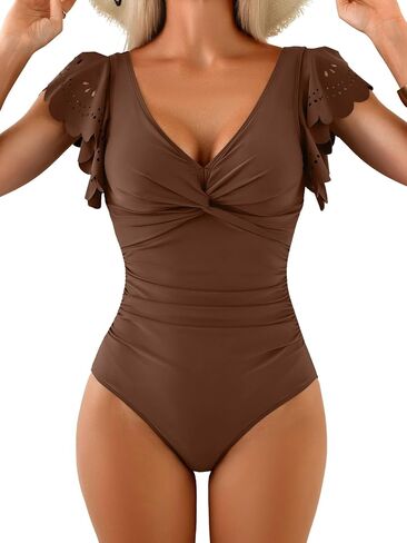Aidonger Women's One Piece Swimsuit Tummy Control Ruffle Bathing Suit Slimming Cutout Twist Swimwear in Saudi Arabia