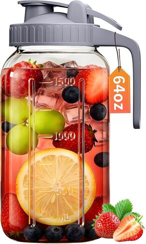 64oz Glass Pitcher with Lid & Spout – 2 Quart Mason Jars, Airtight & Leakproof Breastmilk Pitcher for Cold Brew Coffee, Sun Tea, Water, Juice – Wide Mouth, Fridge Safe in Saudi Arabia