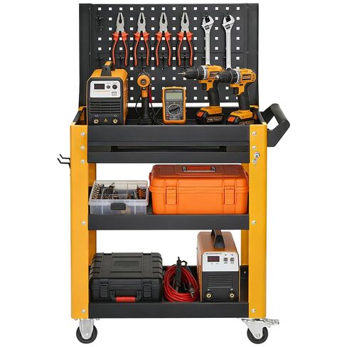 3 Tier Rolling Tool Cart على عجلات ، منظم تخزين ميكانيكي ، عربة عمل متداول مع Pegboard للمرآب ، ورشة العمل ، المستودع (الأسود والأصفر) in Kuwait