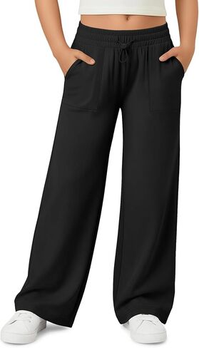 Girls' Sweatpants Wide Leg Casual Kids Drawstring Pants Baggy Athletic Loose Solid Teen Jogger Pants with Pockets in Saudi Arabia