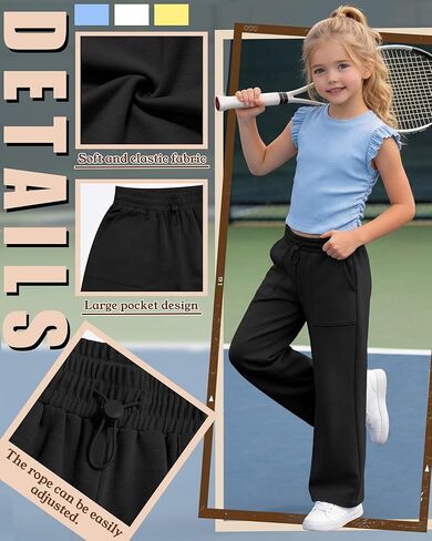Girls' Sweatpants Wide Leg Casual Kids Drawstring Pants Baggy Athletic Loose Solid Teen Jogger Pants with Pockets in Saudi Arabia