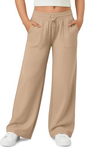 Girls' Sweatpants Wide Leg Casual Kids Drawstring Pants Baggy Athletic Loose Solid Teen Jogger Pants with Pockets in Saudi Arabia