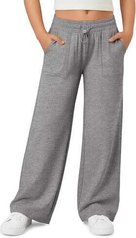 Girls' Sweatpants Wide Leg Casual Kids Drawstring Pants Baggy Athletic Loose Solid Teen Jogger Pants with Pockets in Saudi Arabia