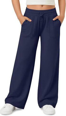 Girls' Sweatpants Wide Leg Casual Kids Drawstring Pants Baggy Athletic Loose Solid Teen Jogger Pants with Pockets in Saudi Arabia