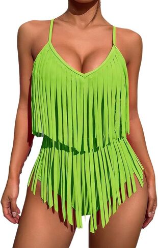 Women's Stylish Flowy Fringe Trim Swimsuit Spaghetti Strap One-Piece Bikinis Tummy Control Full Bathing Suit in Saudi Arabia
