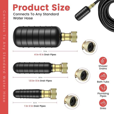 مجموعة أدوات تنظيف الصرف المكونة من 3 قطع، مزيل الانسداد الذي يعمل بالطاقة المائية لأنابيب مستقيمة مقاس 1 بوصة - 6 بوصة، خرطوم بطول 10 أقدام مع صمام إغلاق ومحول صنبور نحاسي، مثالي لمصارف الأرضيات وعمليات التنظيف والخطوط الرئيسية in Kuwait