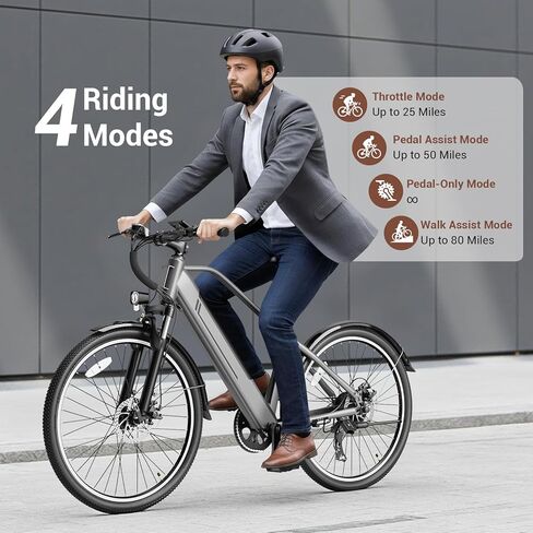 Electric Bike for Adults, Ebike 1000W Peak Motor, 25MPH Commuter Ebike, Up to 40 Miles Range, 26" Electric Bicycle for Adults with 375WH Removable Battery, All-Terrain E-Bike for Leisure(Gray) in Saudi Arabia