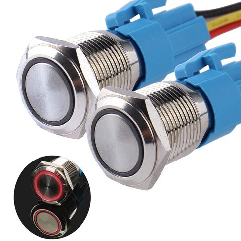 2packs 22mm 0.87 '' لحظة زر الدفع التبديل 12V-24V LED على مفتاح المعدن المقاوم للماء 1 رقم 1 nc مع قابس مقبس السلك لثقب التثبيت 7/8 '(الأزرق) in Kuwait